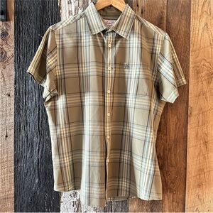 Penguin green cream blue black plaid button up short sleeve shirt M flawless